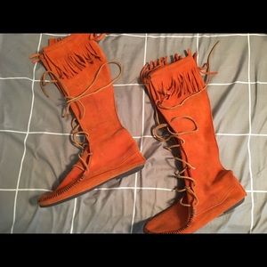 Minnetonka Orange Fringe Knee Moccasin Boots